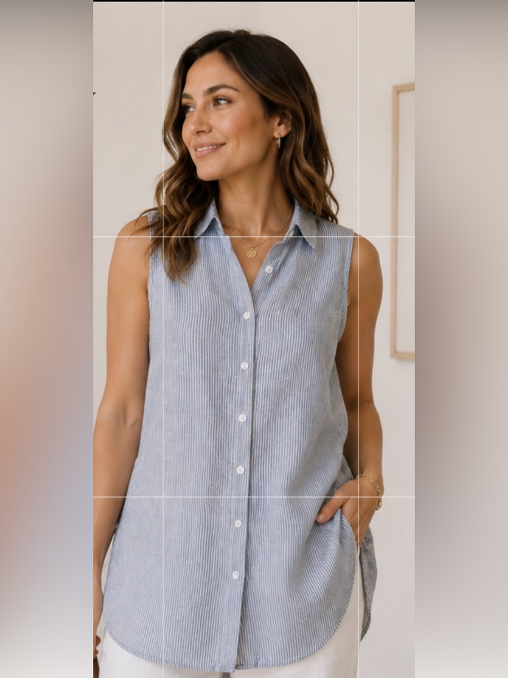 Garnet Hill Blue Striped Sleeveless Shirt 100% linen